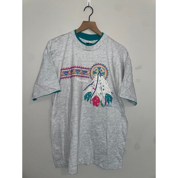Vintage Montana Native American Shirt Drums Feather Graphic Gray Tee VTG L Large - Picture 1 of 12